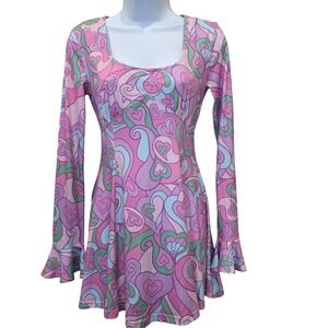 Sugar Thrillz Mini Dress XS Pink Purple‎ Heart Print Long Sleeve Festival Rave